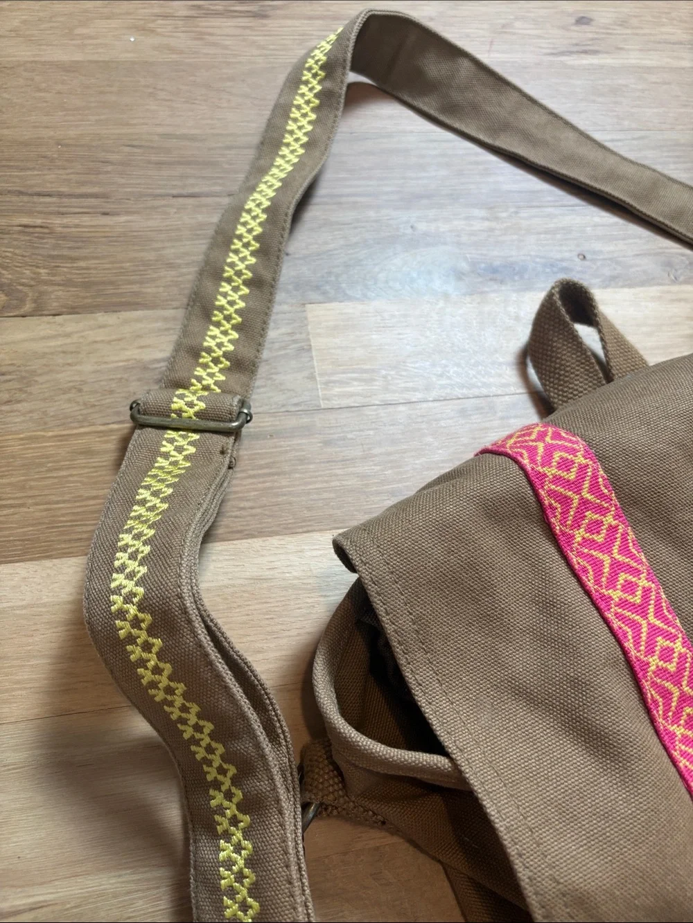 American Girl Brown Canvas Crossbody with Pink Patterned Straps